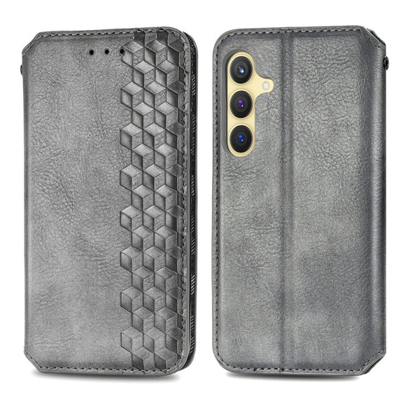 For Samsung Galaxy S25 5G Cubic Grid Pressed Magnetic Leather Phone Case(Gray)