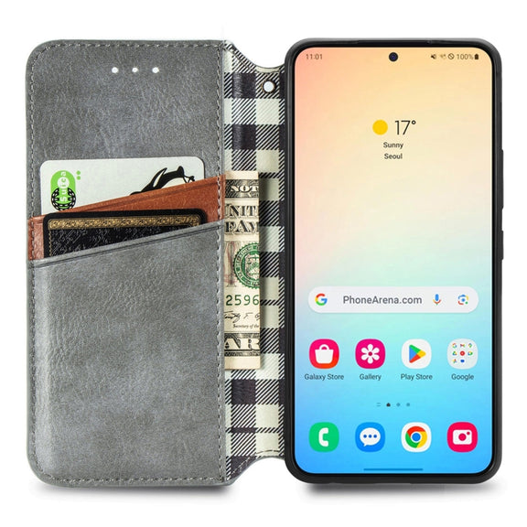 For Samsung Galaxy S25 5G Cubic Grid Pressed Magnetic Leather Phone Case(Gray)