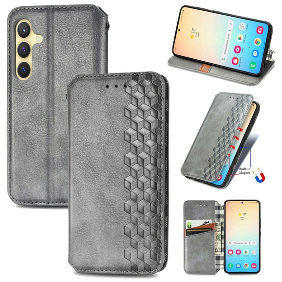 For Samsung Galaxy S25 5G Cubic Grid Pressed Magnetic Leather Phone Case(Gray)