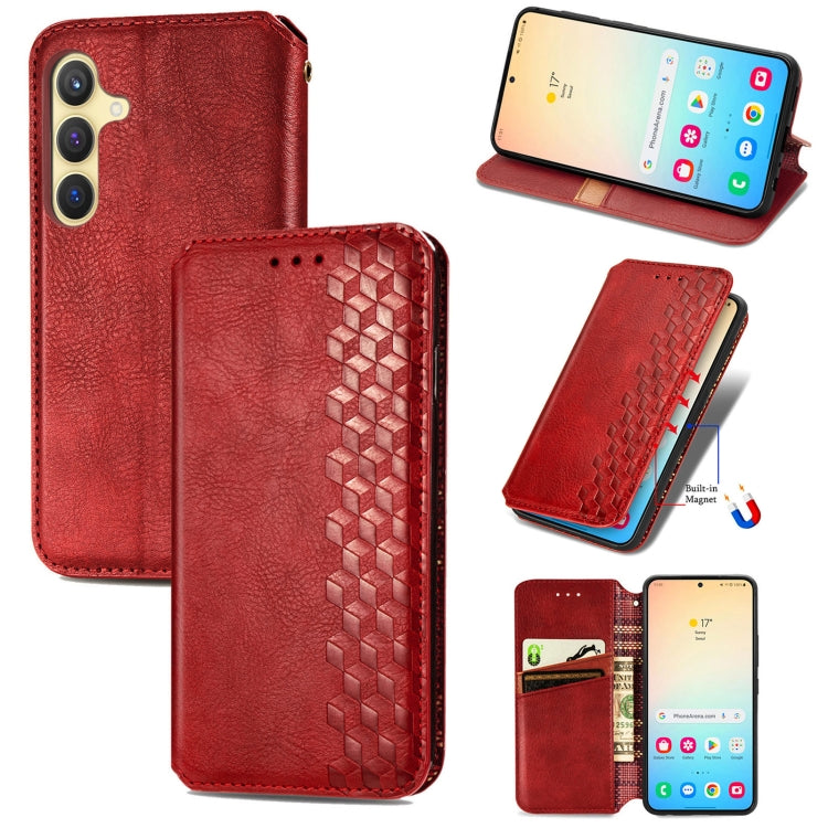 For Samsung Galaxy S25 5G Cubic Grid Pressed Magnetic Leather Phone Case(Red)