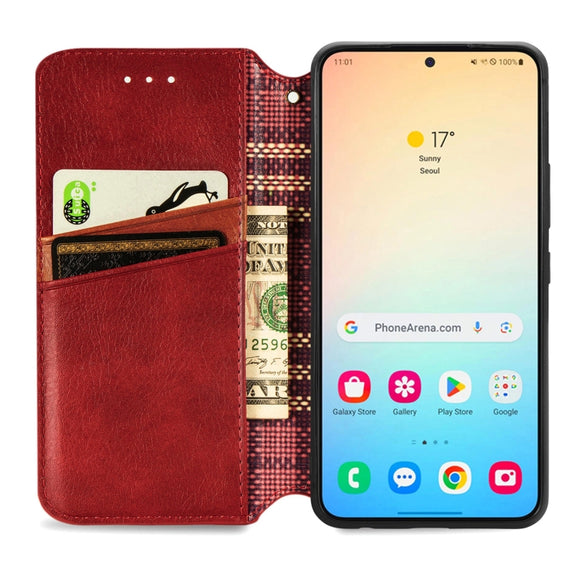 For Samsung Galaxy S25 5G Cubic Grid Pressed Magnetic Leather Phone Case(Red)