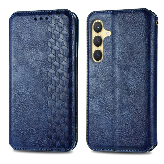 For Samsung Galaxy S25+ 5G Cubic Grid Pressed Magnetic Leather Phone Case(Blue)
