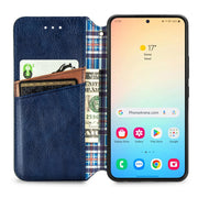For Samsung Galaxy S25+ 5G Cubic Grid Pressed Magnetic Leather Phone Case(Blue)