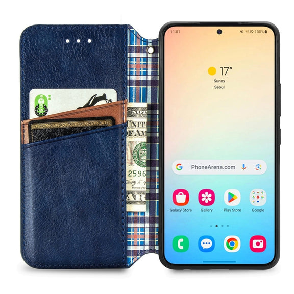 For Samsung Galaxy S25+ 5G Cubic Grid Pressed Magnetic Leather Phone Case(Blue)