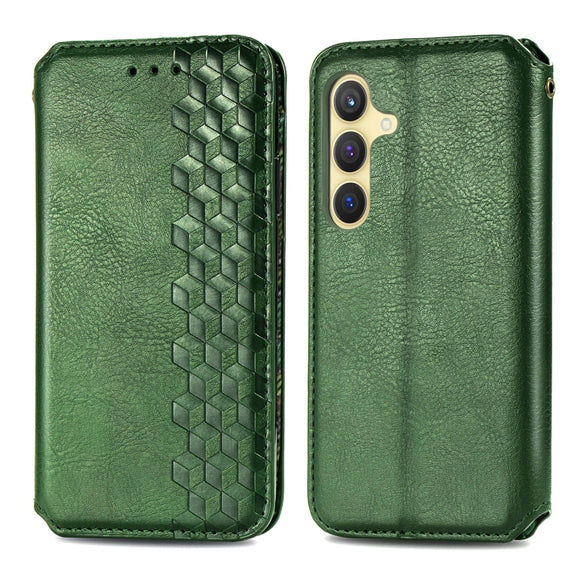 For Samsung Galaxy S25+ 5G Cubic Grid Pressed Magnetic Leather Phone Case(Green)