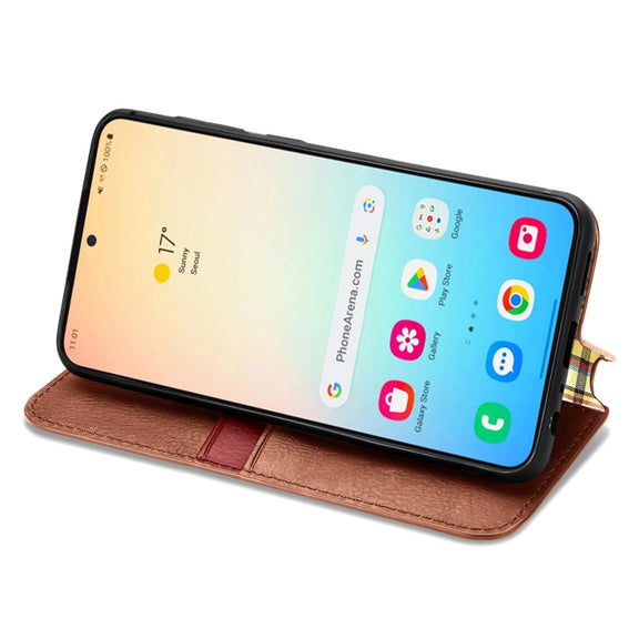 For Samsung Galaxy S25+ 5G Cubic Grid Pressed Magnetic Leather Phone Case(Brown)