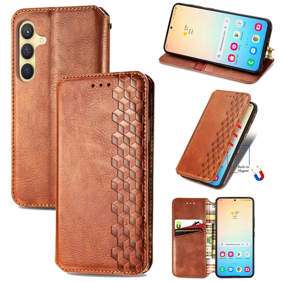 For Samsung Galaxy S25+ 5G Cubic Grid Pressed Magnetic Leather Phone Case(Brown)