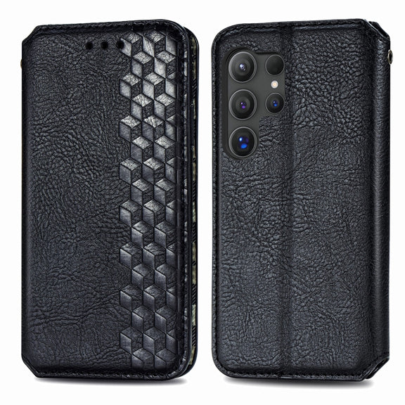 For Samsung Galaxy S25 Ultra 5G Cubic Grid Pressed Magnetic Leather Phone Case(Black)