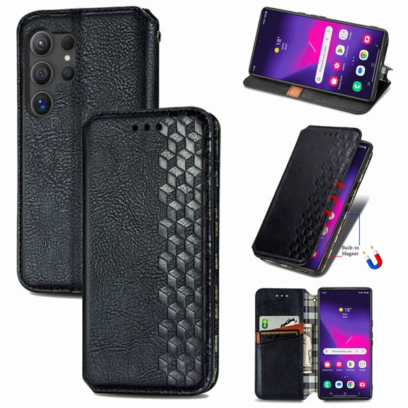 For Samsung Galaxy S25 Ultra 5G Cubic Grid Pressed Magnetic Leather Phone Case(Black)
