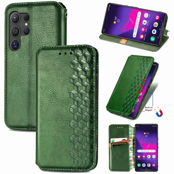 For Samsung Galaxy S25 Ultra 5G Cubic Grid Pressed Magnetic Leather Phone Case(Green)