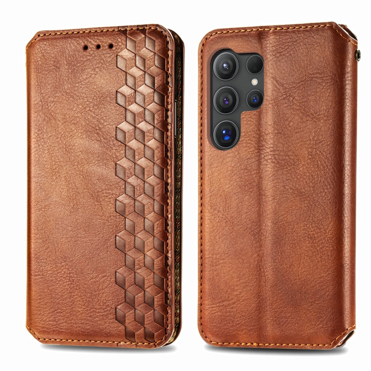 For Samsung Galaxy S25 Ultra 5G Cubic Grid Pressed Magnetic Leather Phone Case(Brown)