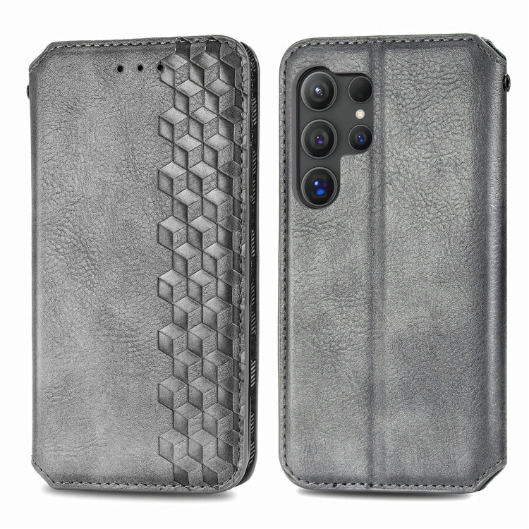 For Samsung Galaxy S25 Ultra 5G Cubic Grid Pressed Magnetic Leather Phone Case(Gray)