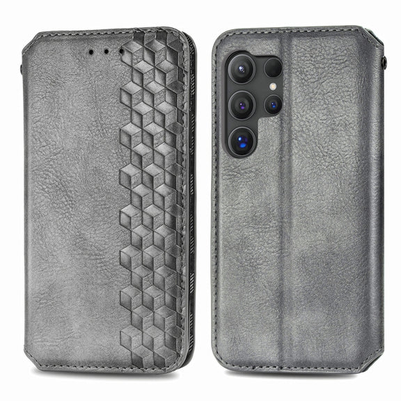 For Samsung Galaxy S25 Ultra 5G Cubic Grid Pressed Magnetic Leather Phone Case(Gray)