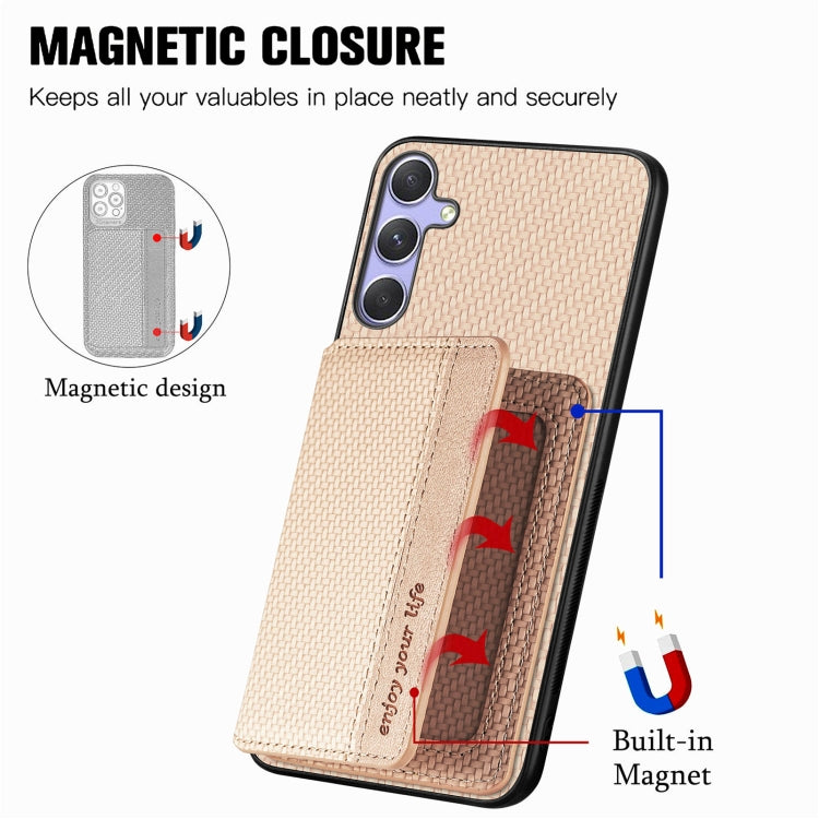 For Samsung Galaxy S25 5G Carbon Fiber Magnetic Card Wallet RFID Blocking Phone Case(Khaki)