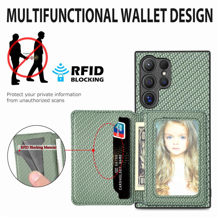 For Samsung Galaxy S25 Ultra 5G Carbon Fiber Magnetic Card Wallet RFID Blocking Phone Case(Green)