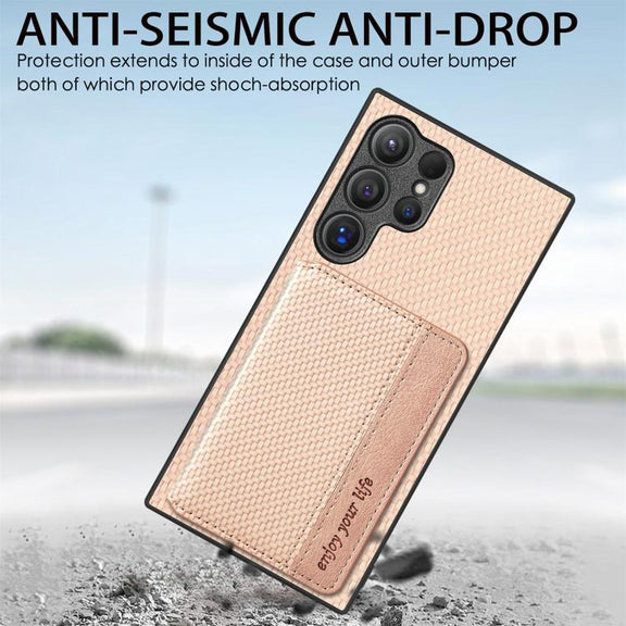 For Samsung Galaxy S25 5G Carbon Fiber Magnetic Card Wallet RFID Blocking Phone Case(Khaki)