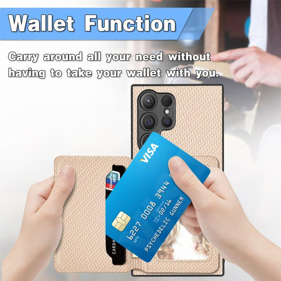 For Samsung Galaxy S25 5G Carbon Fiber Magnetic Card Wallet RFID Blocking Phone Case(Khaki)