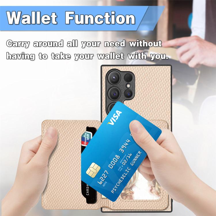 For Samsung Galaxy S25 5G Carbon Fiber Magnetic Card Wallet RFID Blocking Phone Case(Khaki)