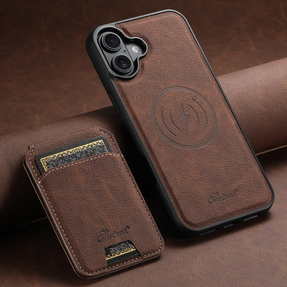 For iPhone 16 Suteni H16 Litchi Texture Leather Detachable Wallet Back Phone Case(Brown)