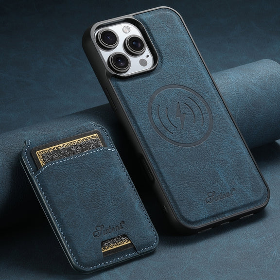 For iPhone 16 Pro Suteni H16 Litchi Texture Leather Detachable Wallet Back Phone Case(Blue)