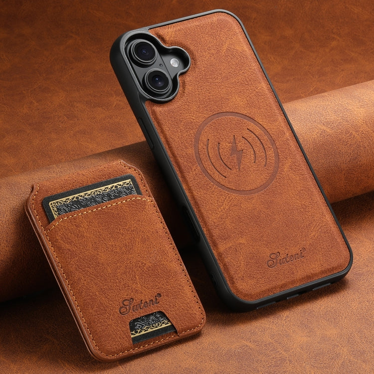 For iPhone 16 Plus Suteni H16 Litchi Texture Leather Detachable Wallet Back Phone Case(Khaki)