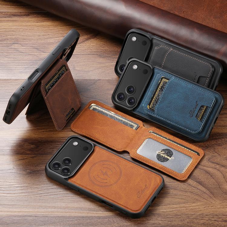 For iPhone 16 Pro Suteni H16 Litchi Texture Leather Detachable Wallet Back Phone Case(Brown)