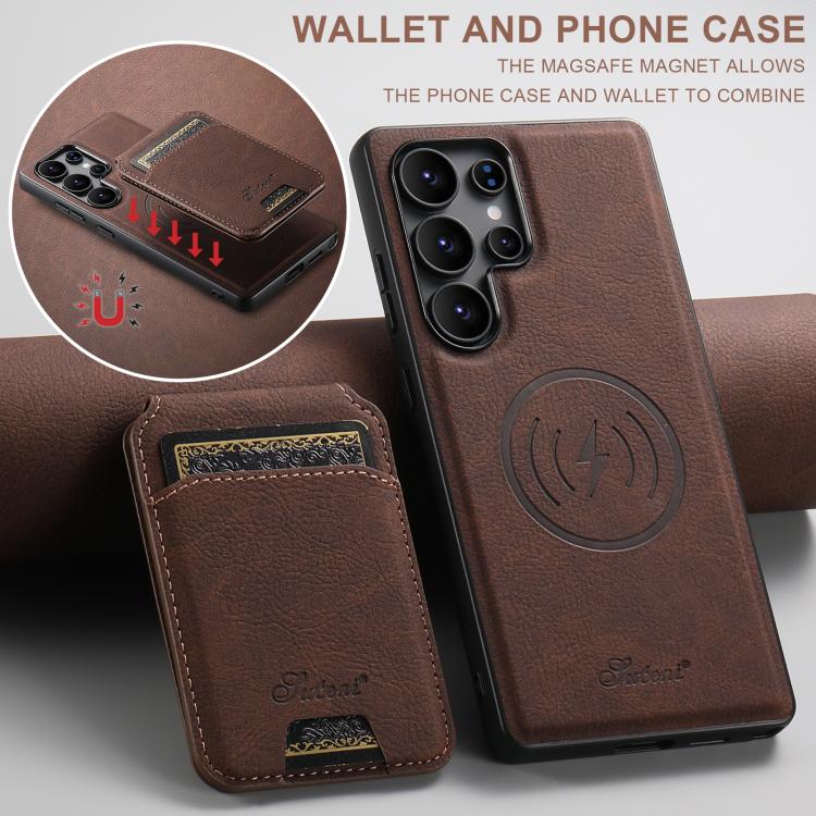 For Samsung Galaxy S25 Ultra 5G Suteni H16 Litchi Texture Leather Detachable Wallet Back Phone Case(Brown)