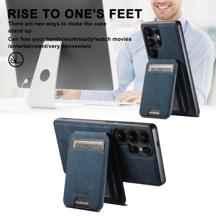 For Samsung Galaxy S25+ 5G Suteni H16 Litchi Texture Leather Detachable Wallet Back Phone Case(Blue)