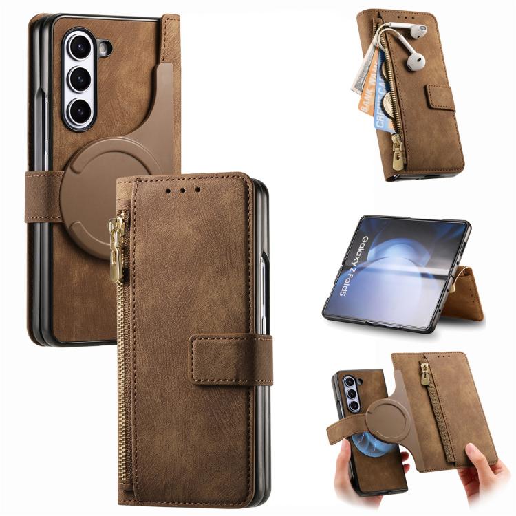 For Samsung Galaxy Z Fold5 5G Retro MagSafe Magnetic Zipper Wallet Leather Phone Case(Brown)