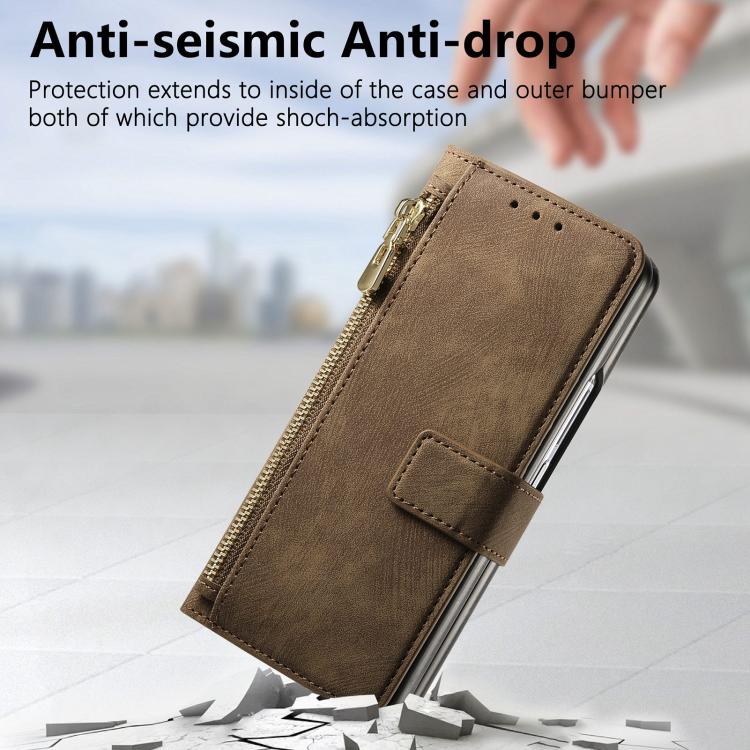 For Samsung Galaxy Z Fold5 5G Retro MagSafe Magnetic Zipper Wallet Leather Phone Case(Brown)
