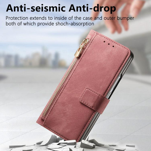 For Samsung Galaxy Z Fold5 5G Retro MagSafe Magnetic Zipper Wallet Leather Phone Case(Pink)