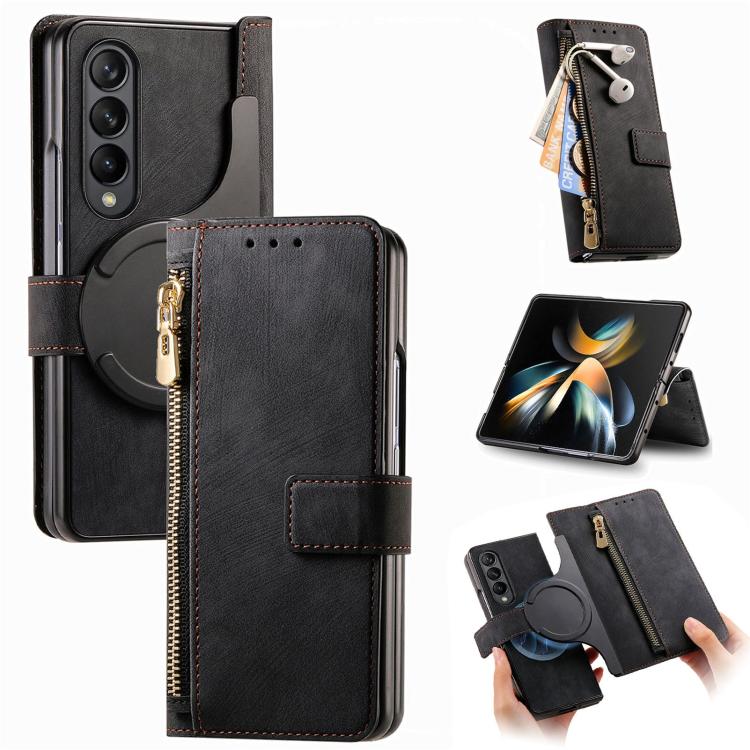 For Samsung Galaxy Z Fold4 Retro MagSafe Magnetic Zipper Wallet Leather Phone Case(Black)