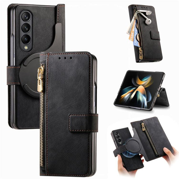 For Samsung Galaxy Z Fold4 Retro MagSafe Magnetic Zipper Wallet Leather Phone Case(Black)