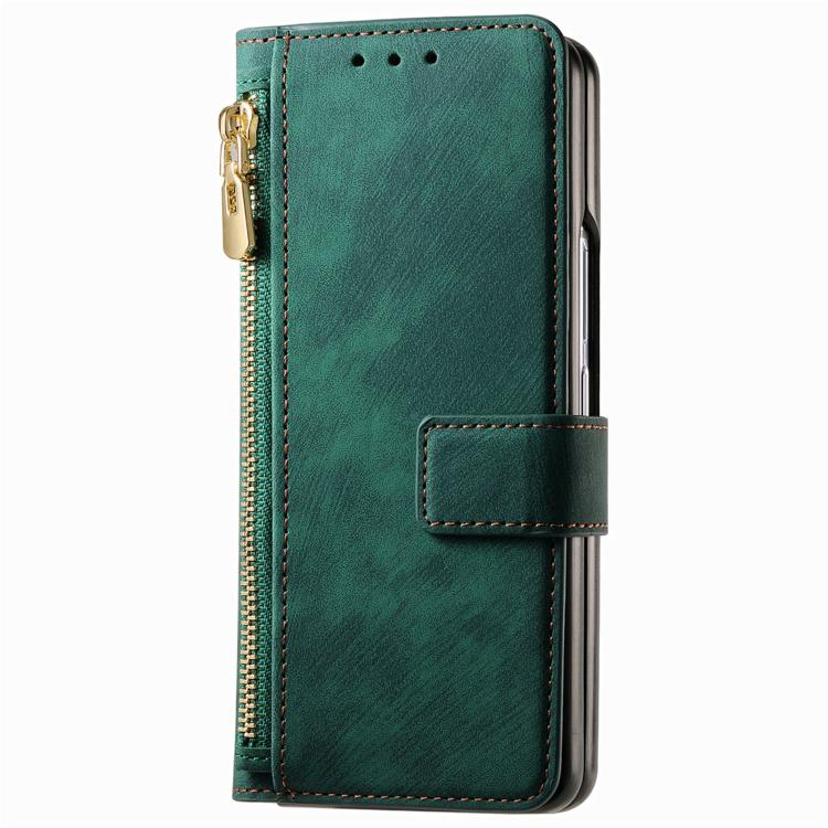 For Samsung Galaxy Z Fold4 Retro MagSafe Magnetic Zipper Wallet Leather Phone Case(Green)