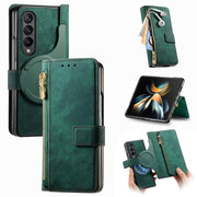 For Samsung Galaxy Z Fold4 Retro MagSafe Magnetic Zipper Wallet Leather Phone Case(Green)