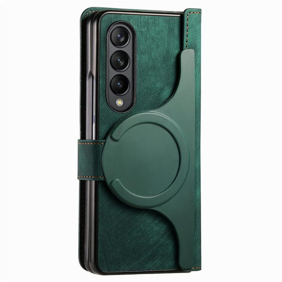 For Samsung Galaxy Z Fold4 Retro MagSafe Magnetic Zipper Wallet Leather Phone Case(Green)