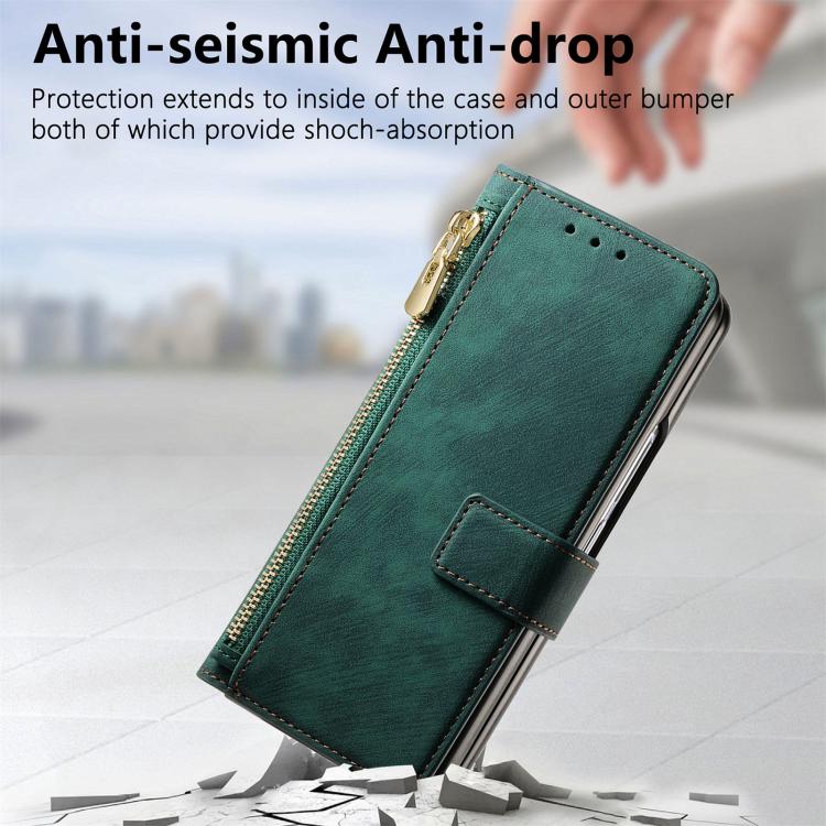 For Samsung Galaxy Z Fold4 Retro MagSafe Magnetic Zipper Wallet Leather Phone Case(Green)