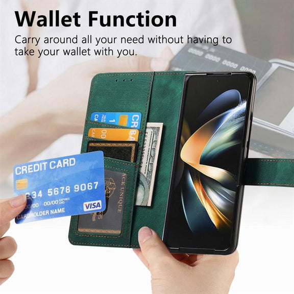For Samsung Galaxy Z Fold4 Retro MagSafe Magnetic Zipper Wallet Leather Phone Case(Green)