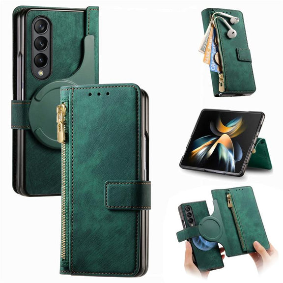 For Samsung Galaxy Z Fold4 Retro MagSafe Magnetic Zipper Wallet Leather Phone Case(Green)