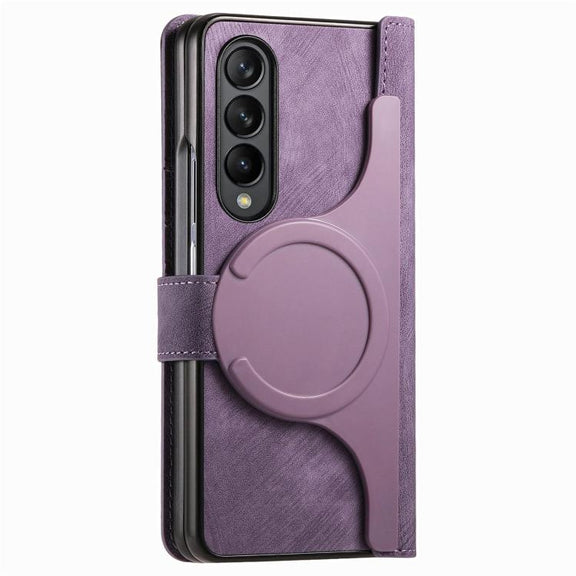 For Samsung Galaxy Z Fold4 Retro MagSafe Magnetic Zipper Wallet Leather Phone Case(Purple)