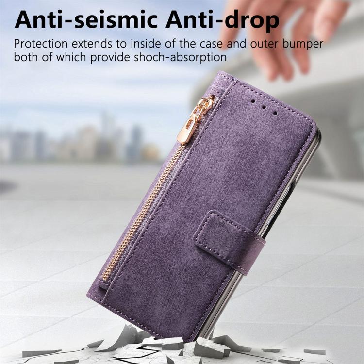 For Samsung Galaxy Z Fold4 Retro MagSafe Magnetic Zipper Wallet Leather Phone Case(Purple)