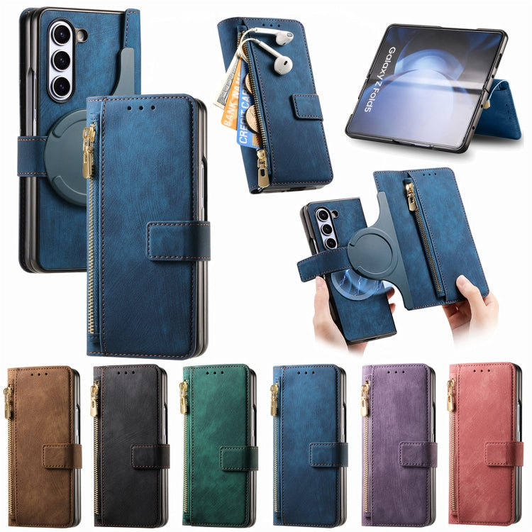 For Samsung Galaxy Z Fold4 Retro MagSafe Magnetic Zipper Wallet Leather Phone Case(Black)