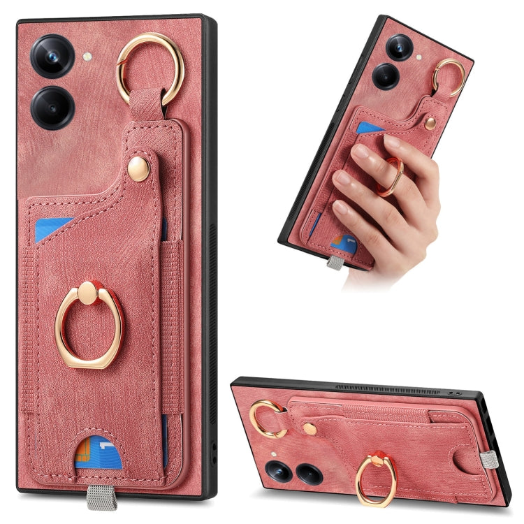 For Realme 10 Pro Retro Skin-feel Ring Card Bag Phone Case with Hang Loop(Pink)