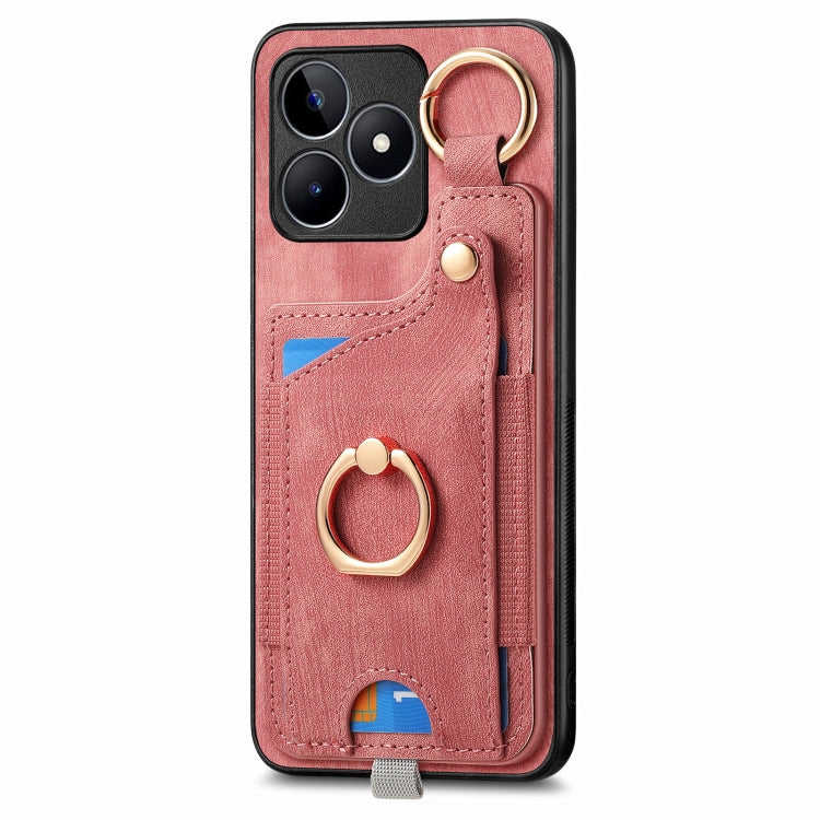 For Realme 10 Pro Retro Skin-feel Ring Card Bag Phone Case with Hang Loop(Pink)