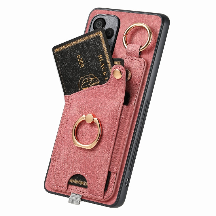 For Realme 10 Pro Retro Skin-feel Ring Card Bag Phone Case with Hang Loop(Pink)