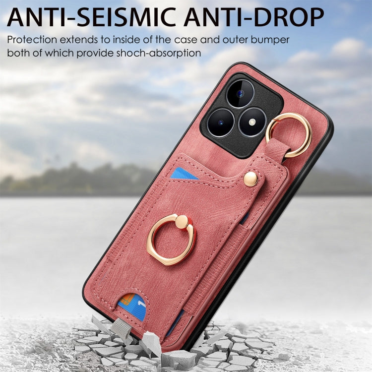 For Realme 10 Pro Retro Skin-feel Ring Card Bag Phone Case with Hang Loop(Pink)
