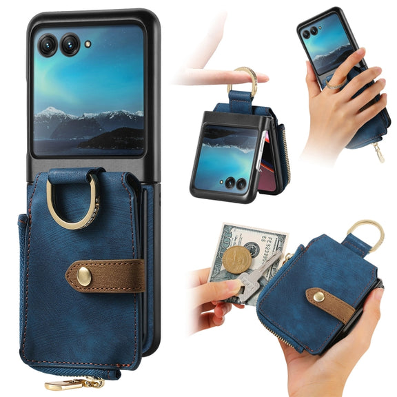 For Motorola Razr 40 Ultra Retro Skin-feel Ring Multi-card Wallet Phone Case(Blue)