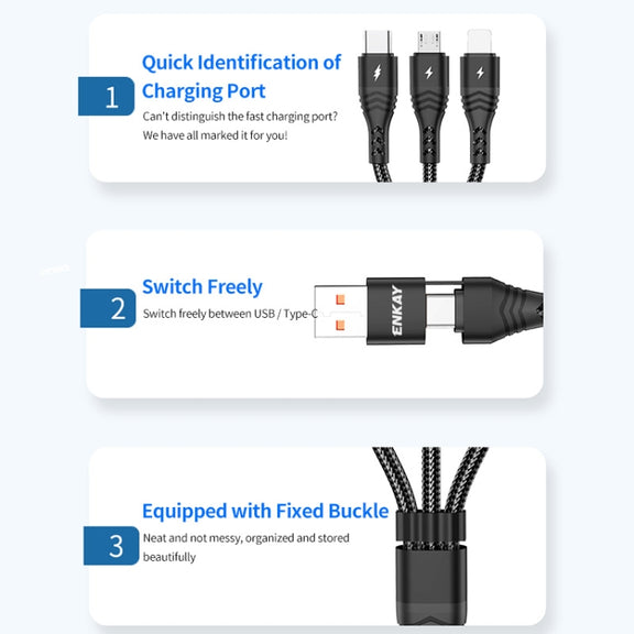 ENKAY 6-in-1 5A USB / Type-C to Type-C / 8 Pin / Micro USB Multifunction Fast Charging Cable, Cable Length:2m(Grey)