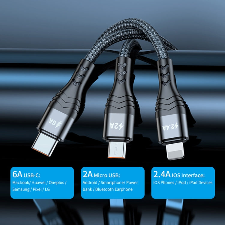 ENKAY 3-in-1 6A USB to Type-C / 8 Pin / Micro USB Multifunction Fast Charging Cable, Cable Length:2m(Black)