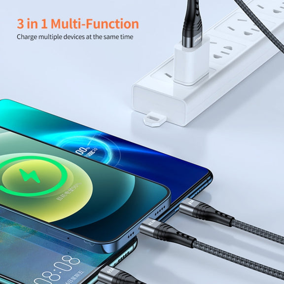 ENKAY 3-in-1 6A USB to Type-C / 8 Pin / Micro USB Multifunction Fast Charging Cable, Cable Length:2m(Black)